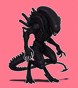 5_fingers ambiguous_gender black_body digitigrade exoskeleton fangs fingers fur not_furry pink_background simple_background solo tail teeth unusual_anatomy unusual_tail loren_iipsum alien_(franchise) alien humanoid xenomorph hi_res