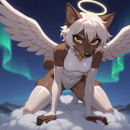 anthro arm_support armwear aurora_borealis black_nose bridal_gauntlets brown_body brown_fur camel_toe clothing cloud cloudscape face_focus feathered_wings feathers female fur gloves golden_eyes hair halo handwear leaning leaning_forward leotard looking_at_viewer nipple_outline on_cloud open_mouth short_hair short_tail sky solo spreading star starry_sky tomboy white_clothing white_gloves white_hair white_handwear wings sagrael iri_(sagrael) canid canine canis mammal wolf animated short_playtime webm
