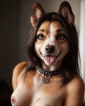 anthro breath brown_body brown_fur canid canine canis collar collar_tag domestic_dog female fur fur_growth growth hi_res mammal panting smile solo spichtf tongue tongue_out transformation