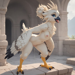 3_toes 4_toes anisodactyl anthro areola avian_feet beak bent_over biped black_beak black_body black_claws black_feathers blue_eyes bodily_fluids breasts cheek_tuft chest_tuft claws day dripping drooling eyebrows eyelashes facial_tuft feather_tuft feathered_crest feathered_wings feathers feet female genital_fluids genitals hair happy head_crest innie_pussy looking_at_viewer multicolored_body multicolored_feathers navel nipples non-mammal_breasts non-mammal_nipples nude open_beak open_mouth open_smile outside pink_nipples ponytail presenting presenting_pussy pussy pussy_juice pussy_juice_drip pussy_juice_string saliva saliva_string scuted_feet scuted_legs scutes small_breasts smile solo standing tail_feathers talons thick_thighs toe_claws toes tongue tongue_out tuft vaginal_fluids white_body white_feathers winged_arms wings birdlover nintendo the_legend_of_zelda avian bird rito absurd_res digital_media_(artwork) hi_res shaded