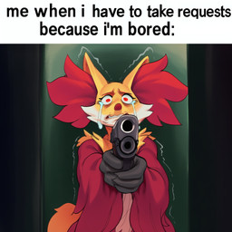 ambiguous_gender anthro bodily_fluids clothing crying fur gun handgun holding_object holding_weapon inner_ear_fluff looking_at_viewer ranged_weapon red_body red_eyes red_fur shaking solo stick tears text trembling tuft weapon yellow_body yellow_fur hellsonger nintendo pokemon canid canine delphox generation_6_pokemon mammal pokemon_(species) english_text meme