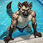anthro athletic athletic_male blue_eyes bulge clothing fur high-angle_view looking_at_viewer looking_up male nipples partially_submerged smile solo spots spotted_body spotted_fur swimming_pool swimwear water bezi_(director) hyaenid mammal