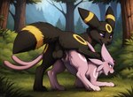 balls black_body black_fur bodily_fluids duo eeveelution espeon female feral feral_on_feral feral_penetrated forest from_behind_position fur generation_2_pokemon genital_fluids genitals looking_at_another looking_at_partner looking_back male male/female mammal markings open_mouth penetration penile penile_penetration penis_in_pussy plant pokemon_(species) purple_body purple_eyes purple_fur pussy pussy_juice sex theunamusedfox tree umbreon vaginal vaginal_penetration yellow_markings