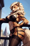 anthro arcanine blush bra breasts butt canid canine chest_tuft choker clothing collar countershading female fluffy fluffy_tail fur garter_straps generation_1_pokemon hair hand_on_hip hi_res jewelry legwear lingerie looking_at_viewer mammal mane multicolored_body multicolored_fur necklace nsfjerk orange_body orange_fur panties pokemon_(species) seductive smile solo standing stockings striped_body striped_fur stripes tuft two_tone_body two_tone_fur underwear