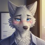 anthro bedroom_eyes black_nose blue_eyes blurred_background blush canid canine canis cheek_tuft clothing dress_shirt facial_tuft feralfresh fur grey_body grey_fur head_tuft hi_res inner_ear_fluff legoshi_(beastars) male mammal narrowed_eyes neck_tuft office pattern_clothing scar seductive shaded shirt solo solo_focus striped_clothing stripes topwear tuft wolf