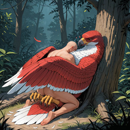 against_natural_surface against_surface against_tree bestiality duo embrace female feral head_on_chest hug male male/female plant thrusting tree wing_embrace retr-1 avian bird human mammal