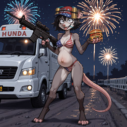 4th_of_july alcohol anthro beer beverage bikini biped burger clothing ear_piercing facial_piercing female firearm fireworks food nose_piercing piercing pregnant ranged_weapon solo swimwear truck_(vehicle) vehicle weapon anonymous_director invoke_high american_opossum didelphid mammal marsupial virginia_opossum 1:1 hi_res