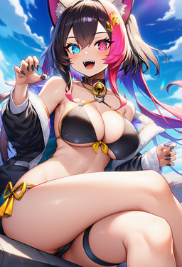 accessory ahoge animal_ears big_breasts bikini black_bikini black_clothing black_hair black_nails black_swimwear blue_eyes blush bow_ribbon breasts cat_ear_panties choker cleavage clothed clothing cloud collar colored_nails female gradient_hair hair hair_accessory hair_bow hair_ribbon heart_choker heterochromia huge_breasts jewelry large_breasts long_hair multicolored_eyes multicolored_hair nails necklace open_mouth outside paw_pose pink_eyes pink_hair pose purple_eyes red_eyes ribbon ribbons sitting skimpy_bikini sky smile solo swimwear two_tone_hair under_boob nullspark animal_humanoid humanoid mammal bow_(disambiguation) hi_res
