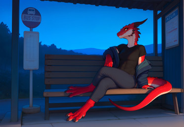 4_toes 5_fingers anthro bench black_claws black_clothing black_shirt black_t-shirt black_topwear blue_clothing blue_sky brown_horn bus_stop claws clothed clothing crossed_legs detailed_background digitigrade feet female fingers horn jacket looking_away nature nature_background on_bench open_clothing open_jacket open_topwear orange_eyes outside panties red_body red_scales scales shirt sitting sitting_on_bench sky solo t-shirt tan_body tan_scales toes topwear underwear adragocult scalie absurd_res hi_res