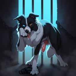 4_toes anatomically_correct anatomically_correct_genitalia anatomically_correct_penis animal_genitalia animal_penis balls black_body black_fur bodily_fluids canine_genitalia canine_penis chain cheek_tuft chest_tuft claws cum cum_in_mouth cum_inside cum_on_body cum_on_face cum_on_tongue dark_room dust erection facial_tuft feet feral floppy_ears fluffy fluffy_tail foggy fur genital_fluids genitals heterochromia inner_ear_fluff inside knot leaking_precum looking_at_viewer male mischievous_expression multicolored_body muzzle_(object) neck_tuft open_mouth paws penis pink_inner_ear precum prison_cell smile smirk solo standing teeth toe_claws toes tongue tongue_out tuft white_body white_fur wiping_self jirikdos oreo_(jirikdos) border_collie canid canine canis collie domestic_dog herding_dog mammal pastoral_dog sheepdog 1:1 2025 hi_res