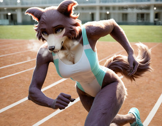 5_fingers athletic athletic_female black_nose blue_eyes blush bodily_fluids breasts breath brown_body brown_fur claws cleavage clothed clothing countershading female finger_claws fingers footwear fur jogging leotard one-piece_swimsuit outside panting running shoes solo sweat swimwear tight_clothing tuft unknown_director beastars juno_(beastars) canid canine canis mammal wolf hi_res