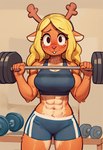 abs anthro blonde_hair blush bottomwear bra clothing exercise female gym gym_bottomwear gym_clothing gym_shorts hair inside looking_at_viewer muscular muscular_female navel shorts solo sports_bra underwear weightlifting workout anonymous_director noelle_holiday cervid mammal hi_res