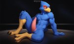 3_toes abs animal_genitalia anthro avian_feet beak biped blue_body blue_feathers chest_tuft claws erection feathers feet genital_slit genitals male muscular muscular_anthro muscular_male nude pecs penis presenting scutes sitting slit solo talons tapering_penis text toes tuft sergalbutt nintendo star_fox falco_lombardi avian bird 5:3 hi_res signature url