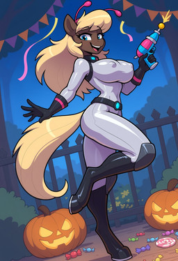anthro blonde_hair blue_eyes breasts brown_body candy clothing dessert erect_nipples female food hair halloween halloween_costume holding_object hooves jack-o'-lantern leaf night nipples outside pinup plant pose smile solo tight_clothing tree thefuncave friendship_is_magic my_little_pony fan_character sprockette_(thefuncave) equid equine horse mammal pony hi_res