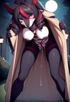 anthro bdsm black_body black_fur black_hair blush bodily_fluids bondage bound clothed clothing coat dark_nipples drill_curls exhibitionism fangs female full_moon fur genital_fluids grass hair highlights_(coloring) moon neck_tuft night open_clothing outside plant purple_eyes pussy_juice red_highlights restraints rope rope_bondage rope_harness solo spread_legs spreading standing street_lamp topwear trenchcoat tuft white_body white_fur cpt_d canid canine canis mammal wolf absurd_res hi_res