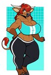 anthro big_breasts blue_eyes bra breasts cleavage clothed clothing female hair horn leggings legwear midriff neck_tuft red_hair solo sports_bra sportswear thick_thighs tuft underwear wide_hips majorfluffy_(director) bovid bovine cattle highland_cattle mammal hi_res