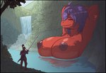 anthro areola armor being_watched breasts detailed_background duo female hair leaf looking_at_another male melee_weapon nipples nude partially_submerged plant purple_hair size_difference sword tree water waterfall weapon anonymous_director dragon human mammal scalie hi_res