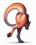 anthro anus bent_over breasts butt female genitals grass grin kobold lila_(airusu) looking_at_viewer looking_back on_one_leg pawpads paws plant presenting presenting_anus presenting_hindquarters presenting_pussy pussy raised_leg raised_tail scalie small_breasts smile solo spots spread_pussy spreading standing