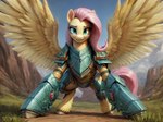 absurd_res angry battle_armor elkcip equid equine feathered_wings feathers female feral fighting_pose fluffy fluttershy_(mlp) friendship_is_magic front_view fur green_blue_eyes hair hi_res horse mammal my_little_pony pegasus pink_hair pink_tail pony pose showing_teeth solo spread_wings tail wings yellow_body yellow_fur