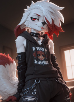 anthro arm_warmers armwear bedroom blep chain clothing collar doggo_ren floppy_ears fluffy fluffy_tail inside jitome looking_at_viewer male mohawk red_eyes sleeveless_hoodie slight_smile solo spiked_collar spikes tongue tongue_out nonimousmate canid canine canis domestic_dog mammal hi_res