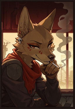 anthro ear_piercing ear_ring facial_markings female head_markings markings piercing ring_piercing smoking solo lovwyo laika_aged_through_blood laika_(laika_aged_through_blood) canid canine canis coyote mammal hi_res