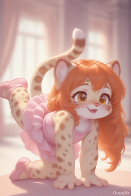 anthro ballet bottomwear clothing cub dancewear dress female fur hair orange_eyes orange_hair pink_clothing pink_dress skirt solo toddler tutu yellow_body yellow_fur young cutieneko mila_(cutieneko) felid feline leopardus mammal ocelot