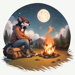 anthro black_body black_hair black_nose camping female full_moon hair moon night solo white_body krickracsac canid canine canis mammal wolf