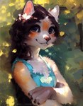 anthro big_eyes cheek_tuft chest_tuft clothed clothing crossed_arms dappled_light domestic_cat facial_tuft felid feline felis female fluffy fully_clothed fur hair half-length_portrait mammal pikaflufftuft portrait smile solo topwear tuft white_body white_fur