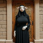 5_fingers amber_eyes anthro big_breasts black_clothing black_dress black_fingernails breasts clothed_anthro clothing door dress eyelashes female fingers fully_clothed_female fur headgear headwear hijab looking_at_viewer neutral_expression photorealism pink_nose realistic realistic_fur religious_clothing religious_headwear solo stone_wall wall_(structure) white_body white_fur wool_(fur) silvicultor bovid caprine mammal sheep hi_res portrait three-quarter_portrait