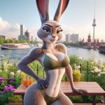 anthro berlin bikini bra breasts clothing detailed_background female fur garden germany green_eyes grey_body hips judy_hopps lagomorph leporid looking_at_viewer mammal outside rabbit sexyfoxycat sky skyscraper solo solo_focus swimwear underwear zootopia