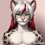 anthro felid feline fluffy_ears front_view green_eyes hair highlights_(coloring) leopard looking_at_viewer male mammal nude pantherine red_hair smile snow_leopard solo watermark white_hair yiff_ai