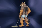 abstract_background anthro barefoot bodily_fluids briefs brown_body brown_fur claws clothed clothing feet fur genital_fluids hand_on_hip looking_at_viewer looking_back male male_peeing manly multicolored_body multicolored_fur muscular muscular_anthro muscular_male peeing rear_view simple_background snarling solo standing tan_body tan_fur teeth toe_claws topless underwear underwear_only urine urine_on_ground urine_stream fox1400 canid canine canis coyote mammal absurd_res full-length_portrait hi_res portrait signature