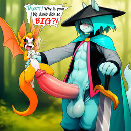 abs anthro anthro_on_anthro anthro_penetrating balls big_balls big_penis blue_body blue_genitals blush cape clothed clothing dialogue dominant duo erection female female_anthro female_on_anthro female_penetrated forest fur genitals green_eyes hair hair_over_eyes hat headgear headwear huge_penis humanoid_genitalia humanoid_penis imminent_sex it'll_never_fit larger_anthro larger_male male male/female male_anthro male_penetrating male_penetrating_female melee_weapon membrane_(anatomy) membranous_wings nature nature_background nude open_mouth orange_body orange_fur penetration penile penile_penetration penis pink_genitals pink_penis plant prodding pussy sex shallow_penetration size_difference smaller_anthro smaller_female smaller_penetrated speech_bubble sword tail text tree vein veiny_penis weapon wings gridanon dust:_an_elysian_tail dust_(elysian_tail) fidget_(elysian_tail) bat canid canine canis mammal nimbat wolf english_text hi_res novelai