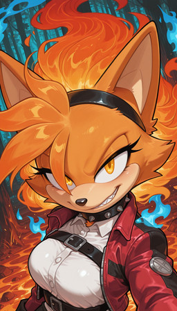 accessory anthro breasts choker clothing eyelashes female fire fur hair_accessory hairband half-closed_eyes jacket jewelry lava narrowed_eyes necklace orange_body orange_eyes orange_fur plant sharp_teeth shirt smile smiling_at_viewer solo spiked_choker teeth topwear tree upper_body vest crody sega sonic_the_hedgehog_(series) canid canine fox mammal hi_res