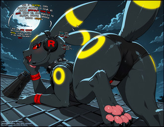 4_toes binoculars black_bottomwear black_clothing black_collar black_shorts bottomwear bulletproof_vest butt butt_focus claws clothed clothed_feral clothing cloud collar cute_fangs ear_piercing eyelashes feet female feral glowing glowing_markings hand_on_face headgear headphones headset long_eyelashes looking_back markings microphone moon night on_roof open_mouth pawpads piercing pink_pawpads plant red_sclera shorts sky smug solo spiked_collar spikes team_rocket_uniform text toe_claws toes tree yellow_markings the_yiff_republic nintendo pokemon selena_(the_yiff_republic) eeveelution generation_2_pokemon pokemon_(species) umbreon absurd_res english_text hi_res