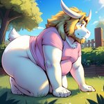 anthro asgore_dreemurr blonde_hair bottomless bovid caprine chubby_male clothed clothing goat hair male mammal on_all_fours outside solo unknown_director white_body