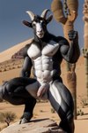 abs anthro balls belly biceps black_body black_fur bovid cactus caprine desert fur genitals goat green_eyes hi_res hooves horn male mammal muscular muscular_anthro muscular_male navel pecs penis plant rock sand solo stablexai standing standing_on_rock white_belly white_body white_fur