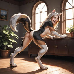 anthro bent_over black_body black_fur blue_eyes blush breasts brown_body brown_fur butt claws detailed_background digitigrade fangs female fluffy fur furniture genitals hair inner_ear_fluff inside leaning long_hair looking_at_viewer looking_back mid_transformation nipples nude open_mouth pawpads paws plant plant_pot potted_plant presenting pussy raised_tail smile solo species_transformation standing tail teeth toe_claws tongue transformation tuft white_body white_fur white_hair window crashbandit animal_humanoid canid canid_humanoid canine canine_humanoid canis dog_humanoid domestic_dog herding_dog human humanoid mammal mammal_humanoid mythological_canine pastoral_dog werecanid werecanine werecreature werewolf comfyui_(software) prefectponyxl_(model) prompt_metainfo