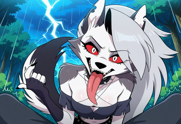 anthro beckoning duo faceless_character faceless_male female first_person_view fur gesture long_tongue male male_pov multicolored_body multicolored_fur pink_tongue raining thunderstorm tongue two_tone_body two_tone_fur foxfire22 helluva_boss loona_(helluva_boss) canid canid_demon demon hellhound mammal