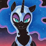 armor black_body close-up ethereal_hair eyeshadow fangs female feral headgear helmet horn lidded_eyes looking_at_viewer makeup night pupils slit_pupils smile smiling_at_viewer solo teal_eyes upper_body wings tyto4tme4l friendship_is_magic my_little_pony nightmare_moon_(mlp) equid equine horse mammal pony winged_unicorn hi_res traditional_media_(artwork)