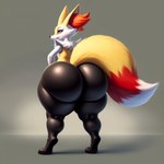 ambiguous_gender anthro big_butt black_body butt fur glistening glistening_body huge_butt looking_back muscular_thighs red_body red_eyes red_fur simple_background solo standing thick_thighs white_body white_fur yellow_body yellow_ears yellow_fur anonymous_director braixen generation_6_pokemon pokemon_(species)