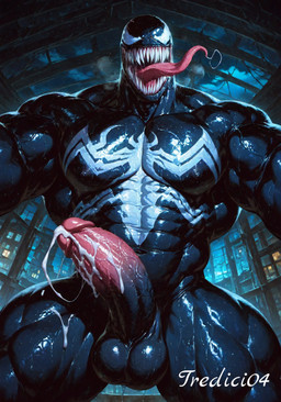 balls black_body bodily_fluids cum genital_fluids genitals looking_at_viewer male muscular night pecs penis sharp_teeth solo teeth vein tredici04 venom_(marvel) humanoid hi_res painting_(artwork) traditional_media_(artwork)