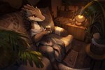 anthro beverage brown_body carpet claws clothed clothing coffee countershading detailed_background female fully_clothed furniture happy inside plant plant_pot potted_plant red_eyes relaxed robe scales smile sofa solo steam fuzzy_logic mammal pangolin