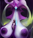 alien anthro big_breasts breasts canid cleavage clothed clothing colorful deity dragon duo female female/female genitals glowing goo_dripping hi_res huge_breasts macro mammal micro monster multi_eye pussy randomuuid slime
