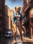 ambulance anthro barefoot blue_clothing blue_jacket blue_topwear bottomless bottomless_female building car casual_nudity city clothed clothing countershading feet female front_view fur genitals jacket looking_at_viewer medic nude open_clothing open_topwear outside paramedic partially_clothed pussy sky solo street tan_body tan_fur topwear uniform vehicle white_body white_countershading wolf552906 bird_dog canid canine canis domestic_dog golden_retriever hunting_dog mammal retriever hi_res