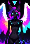 anthro black_body black_fur blue_eyes clothed clothing colorful_feathers facial_tuft female fur grey_body grey_fur hair looking_at_viewer purple_hair skinny slim solo stripes tuft underwear wings seli-32 jen_(jenlekiska) felid feline lynx mammal absurd_res hi_res