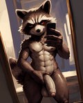 abs anthro balls big_balls big_penis black_nose flaccid foreskin genitals male mirror mirror_reflection nipples nude penis phone reflection selfie solo vein veiny_penis styx343 rocket_raccoon mammal procyonid raccoon hi_res