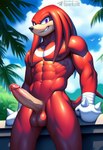 abs anthro balls biceps big_penis black_nose bodily_fluids clothing cloud erection fur genitals glans gloves gloves_only grin hand_spike handwear handwear_only humanoid_genitalia humanoid_penis looking_at_viewer male mostly_nude muscular muscular_anthro muscular_male navel nipples nude obliques outside palm_tree pecs penis plant purple_eyes red_balls red_body red_fur sky smile smirk solo spikes text tree vein veiny_penis sergalbutt echidna mammal monotreme hi_res signature url
