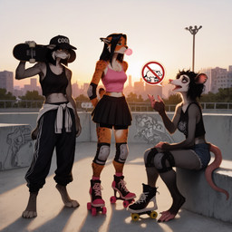 anthro barefoot baseball_cap blue_eyes bottomwear breasts bubble bubble_gum city city_background clothing clothing_around_waist cutoffs denim denim_clothing ear_piercing elbow_pads eyebrow_piercing facial_piercing feet female fur graffiti grey_eyes group hat headgear headwear inner_ear_fluff jogging_pants knee_pads navel nose_piercing nose_ring orange_eyes pictographics piercing pleated_skirt prick_ears ring_piercing roller_skates shirt_around_waist shorts skateboard skirt spots spotted_body spotted_fur stadium_lighting teeth trio tuft anonymous_director invoke_high american_opossum didelphid mammal marsupial phalangeriform virginia_opossum hi_res