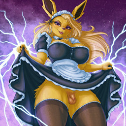 anthro balls blonde_hair bottomwear breasts clothed clothing clothing_lift ear_piercing ear_ring eyeshadow flaccid foreskin fur genitals gynomorph hair hoop_ear_ring intersex legwear lightning maid_apron maid_headdress maid_uniform makeup muscular_thighs penis piercing purple_eyes ring_piercing skirt skirt_lift small_balls small_penis solo thigh_highs uniform yellow_body yellow_fur erta_wanderer nintendo pokemon eeveelution generation_1_pokemon jolteon pokemon_(species) invalid_tag hi_res